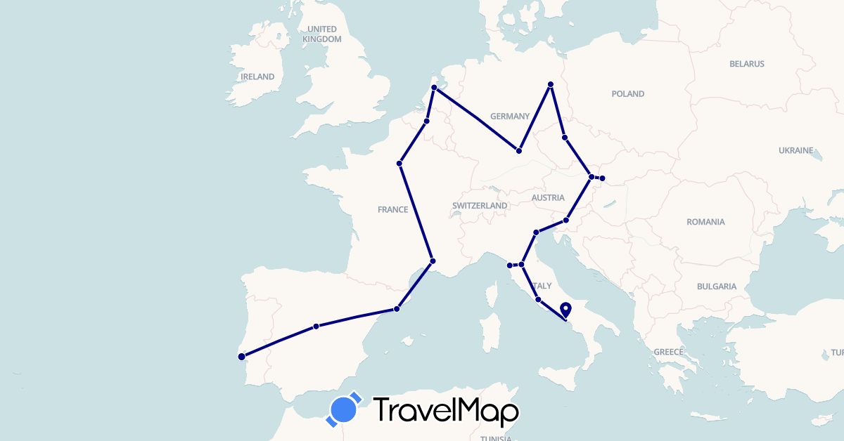 TravelMap itinerary: driving in Austria, Belgium, Czech Republic, Germany, Spain, France, Italy, Netherlands, Portugal, Slovenia, Slovakia (Europe)